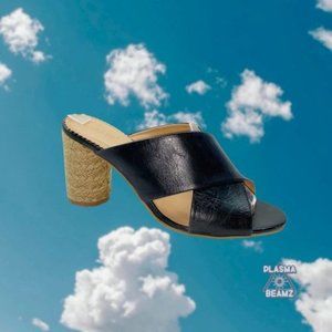 CREVO Presley Black Leather Round Jute Heel Slide Sandals 9